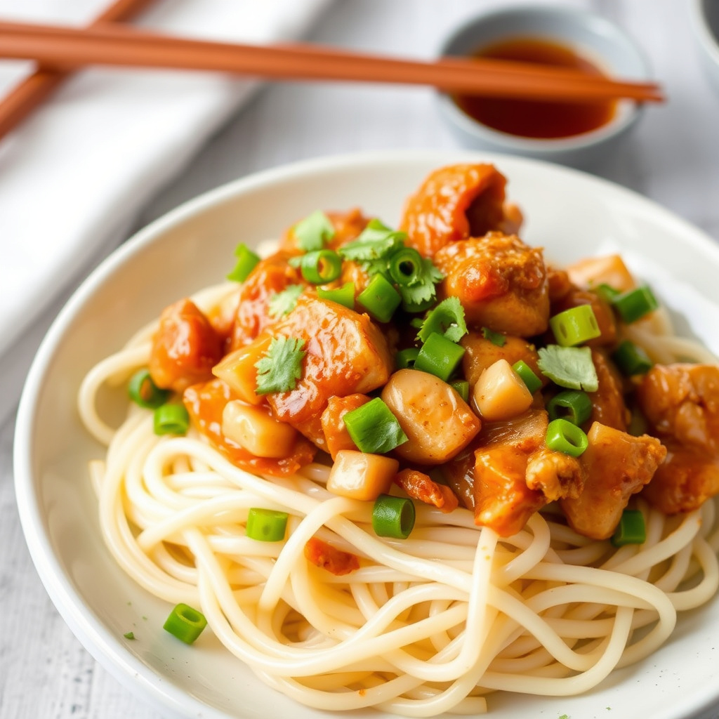 Sichuan-inspirert kylling med risnudler