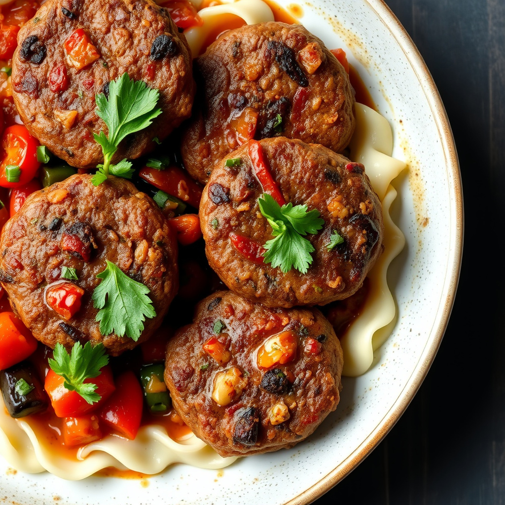 Sicilianske lammeburgere stekt med aubergine, paprika og tomater