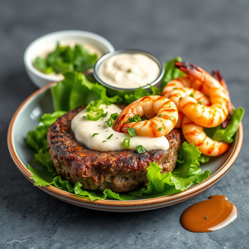 Sirloin-burgere på seng av salat med grillede reker og horseradish-chilisaus