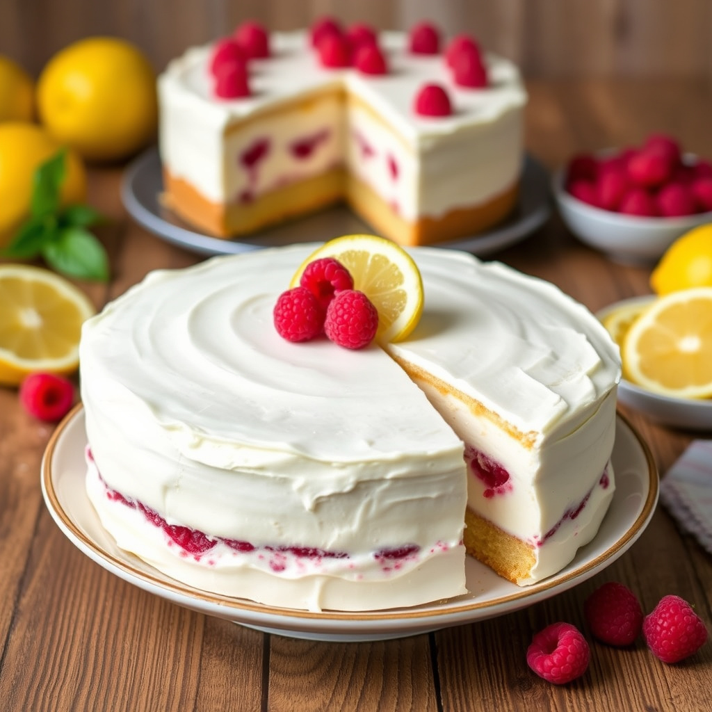 Sitron- og bringebærmousse-kake med hvit sjokolade