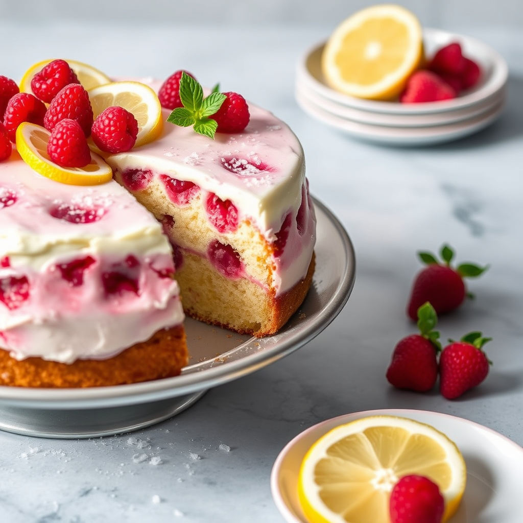 Sitron- og bringebærsorbetkake