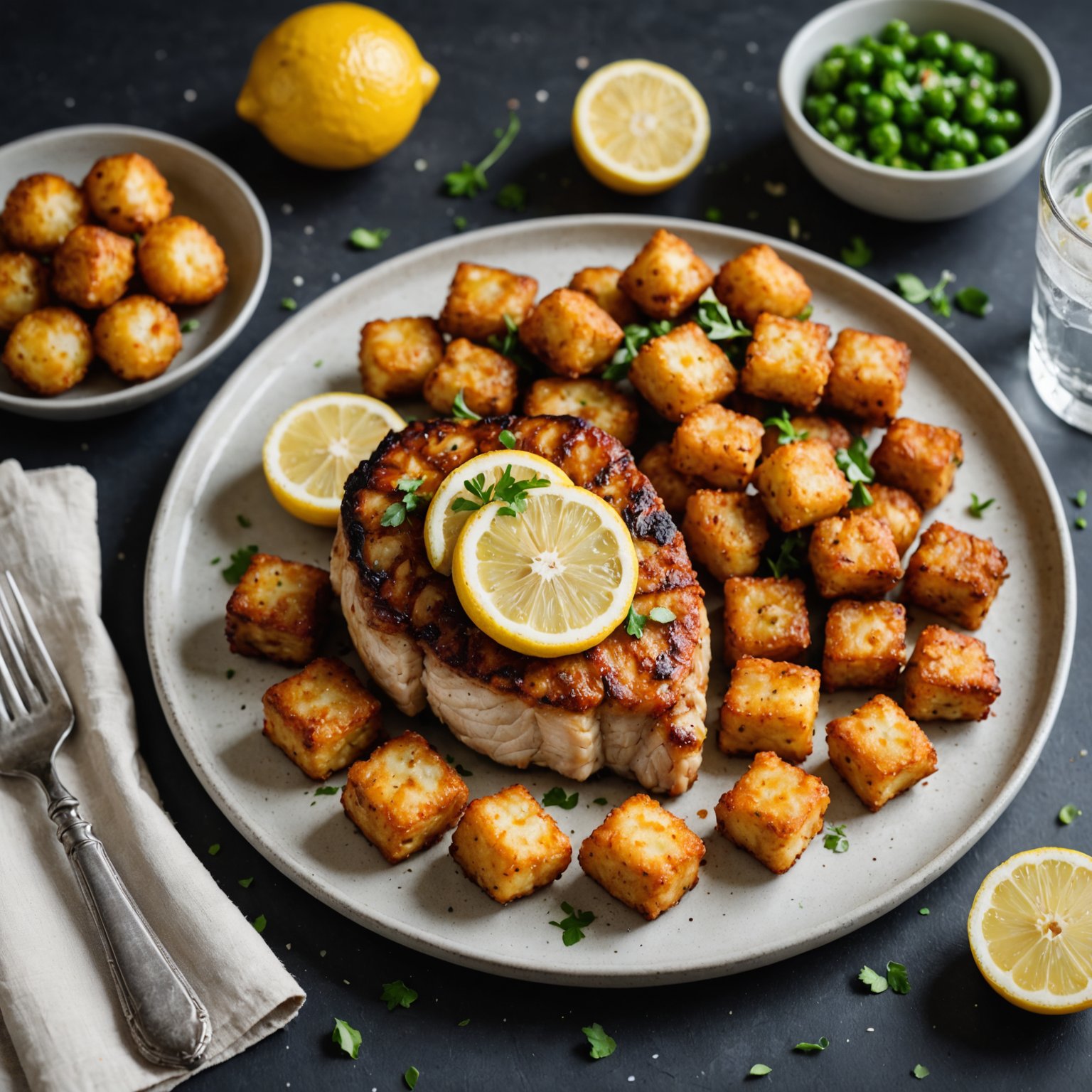 Sitron- og hvitløksstekte svinekoteletter med parmesan-tilbehør av potetbiter