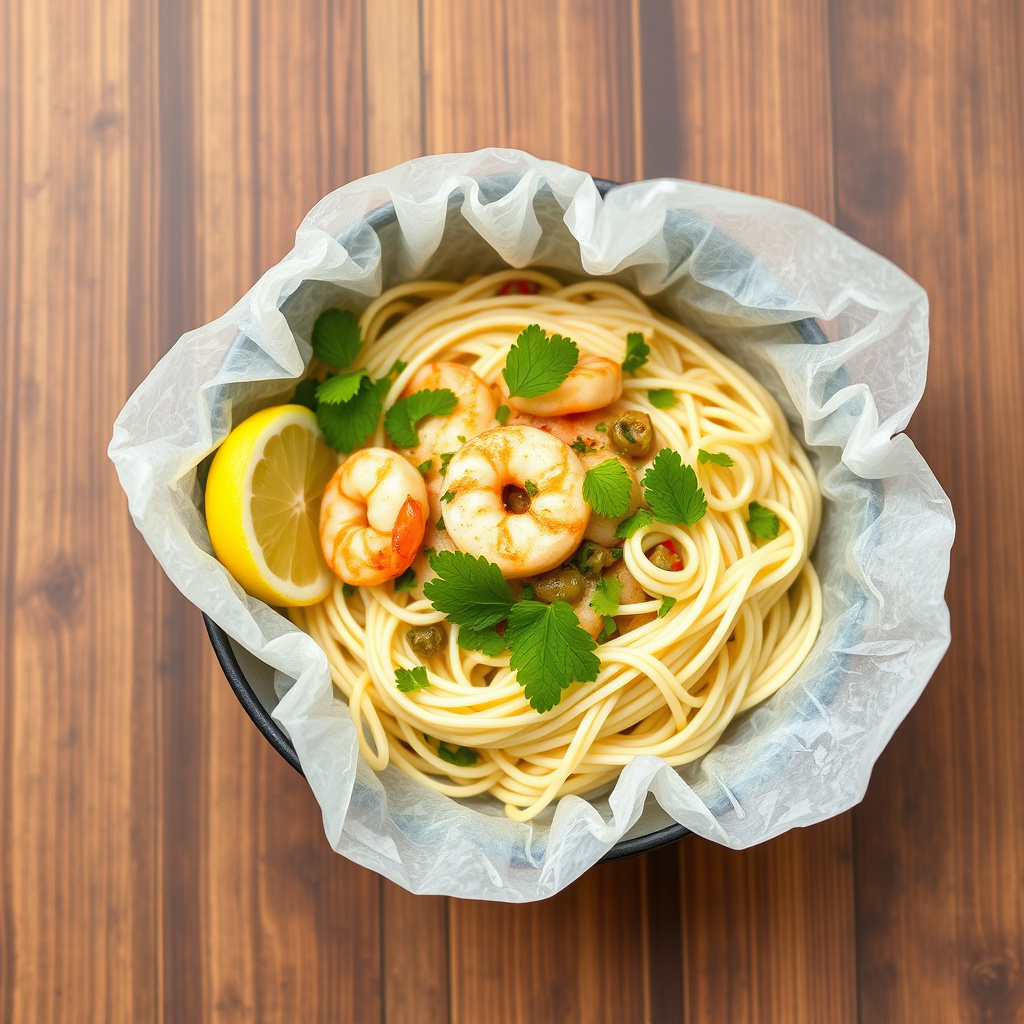 Sitrongress, kokosnøttreker og nudler i bakepapirpakke