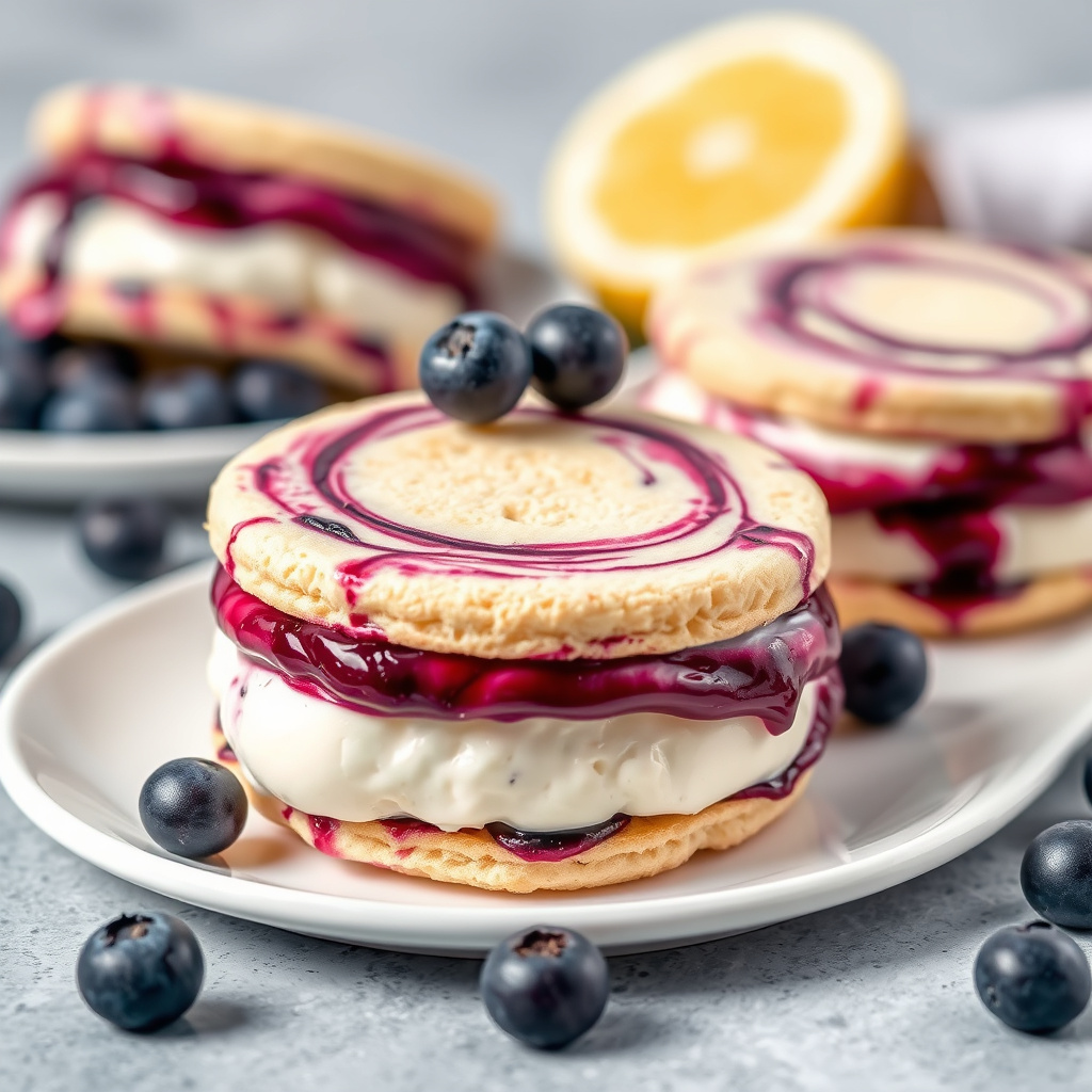 Sitroniskrem-sandwich med blåbærstrøm