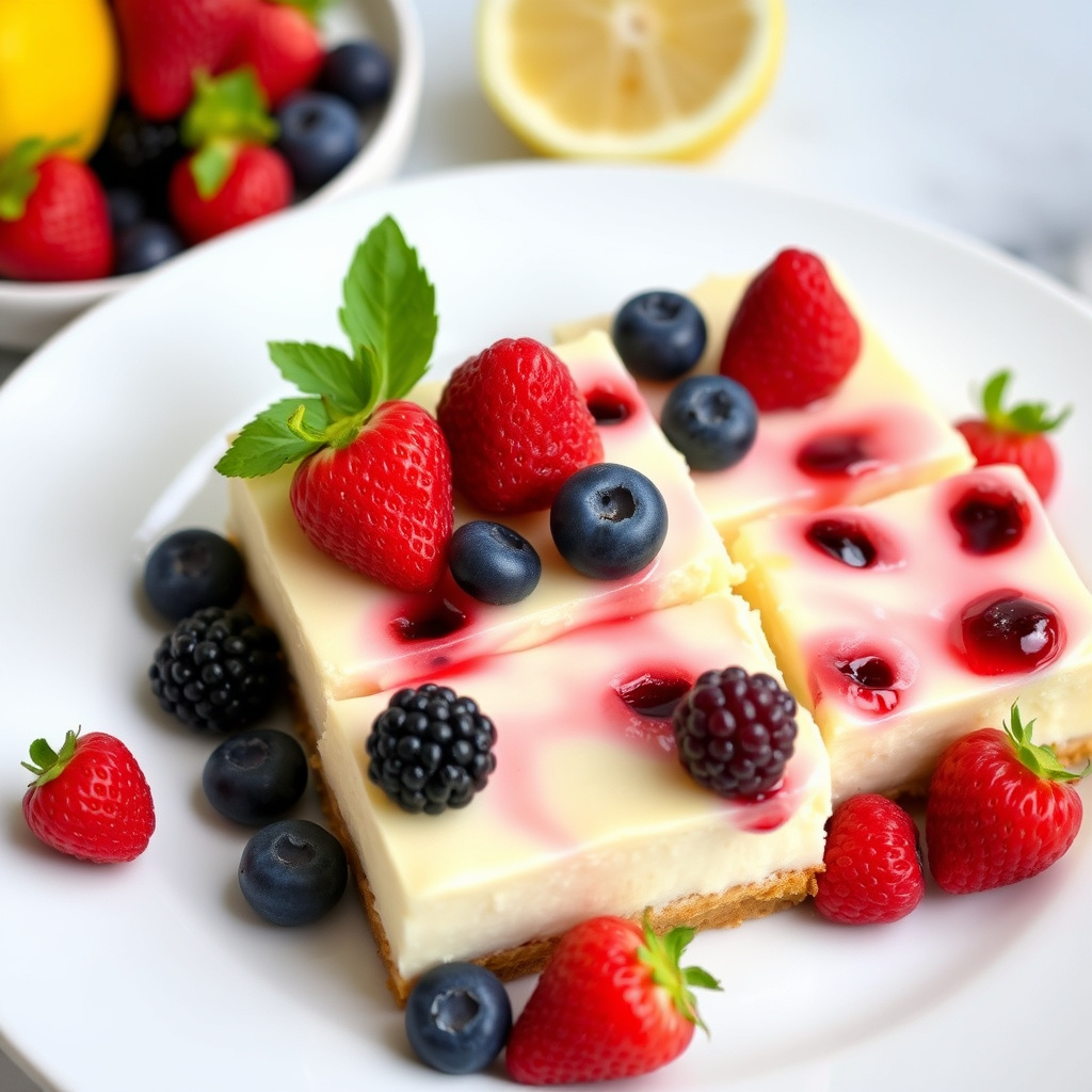 Sitronkakestykker med ostekrem og ferske bær