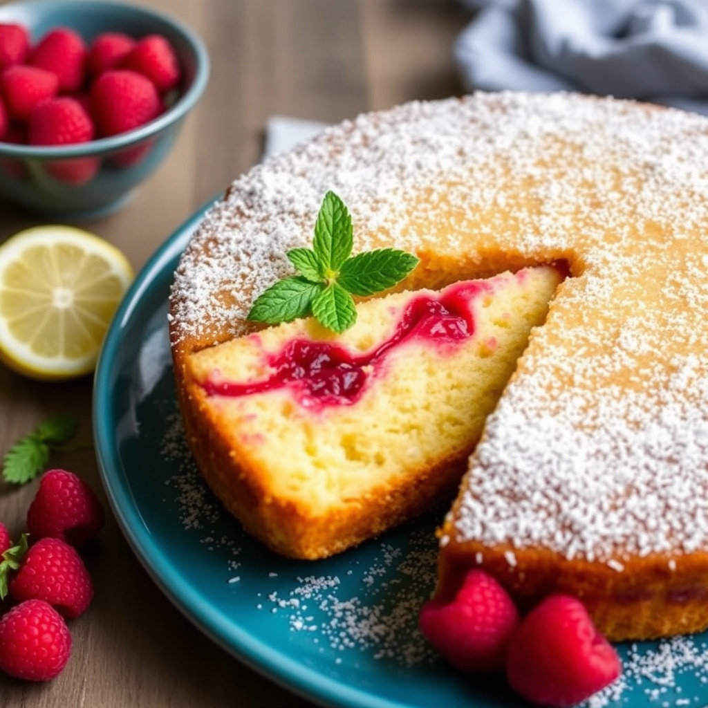 Sitronkornmelskake med bringebærfyll