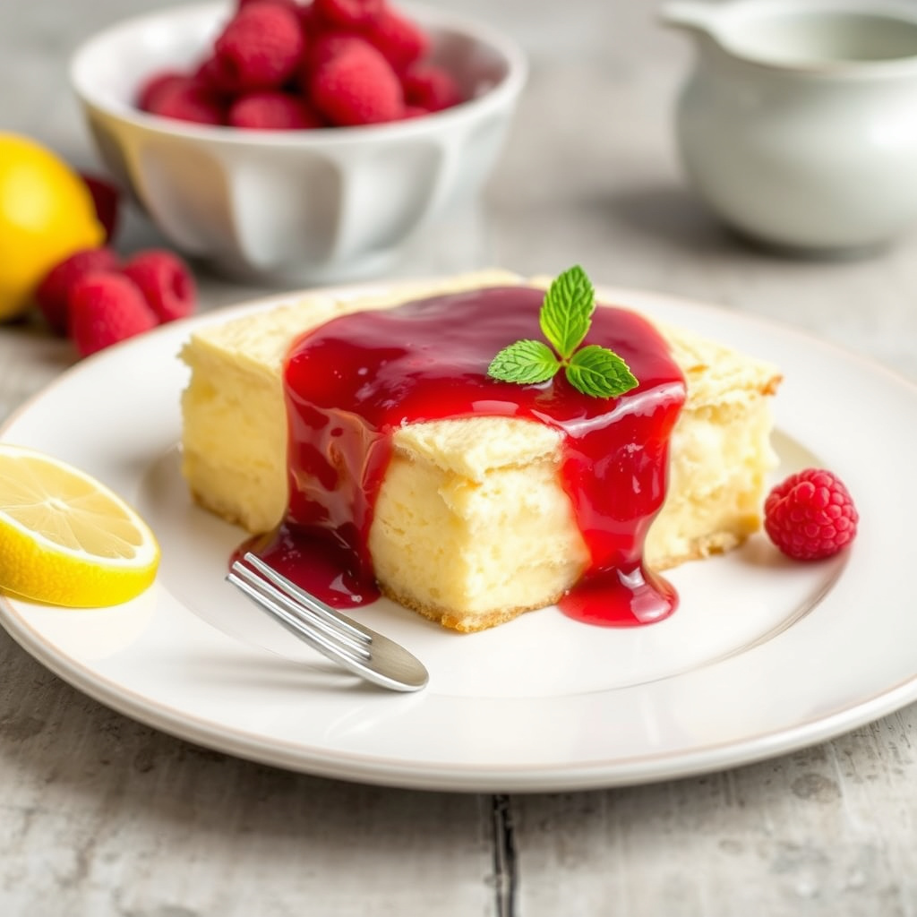 Sitronpuddingkake med bringebærsirup