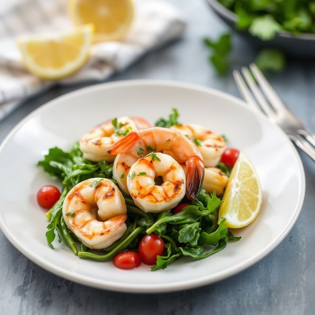Sitrusgrillet reker over grønnsaker