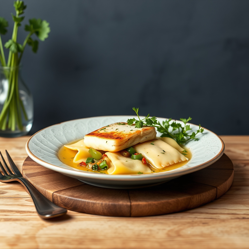 Sjøabbor i selleri- og purreløksuppe med provencalske grønnsakrravioli
