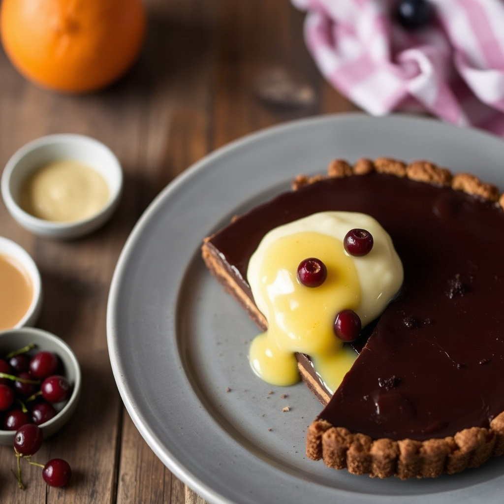 Sjokoladebourbonterte med currants og appelsinfromasjesaus