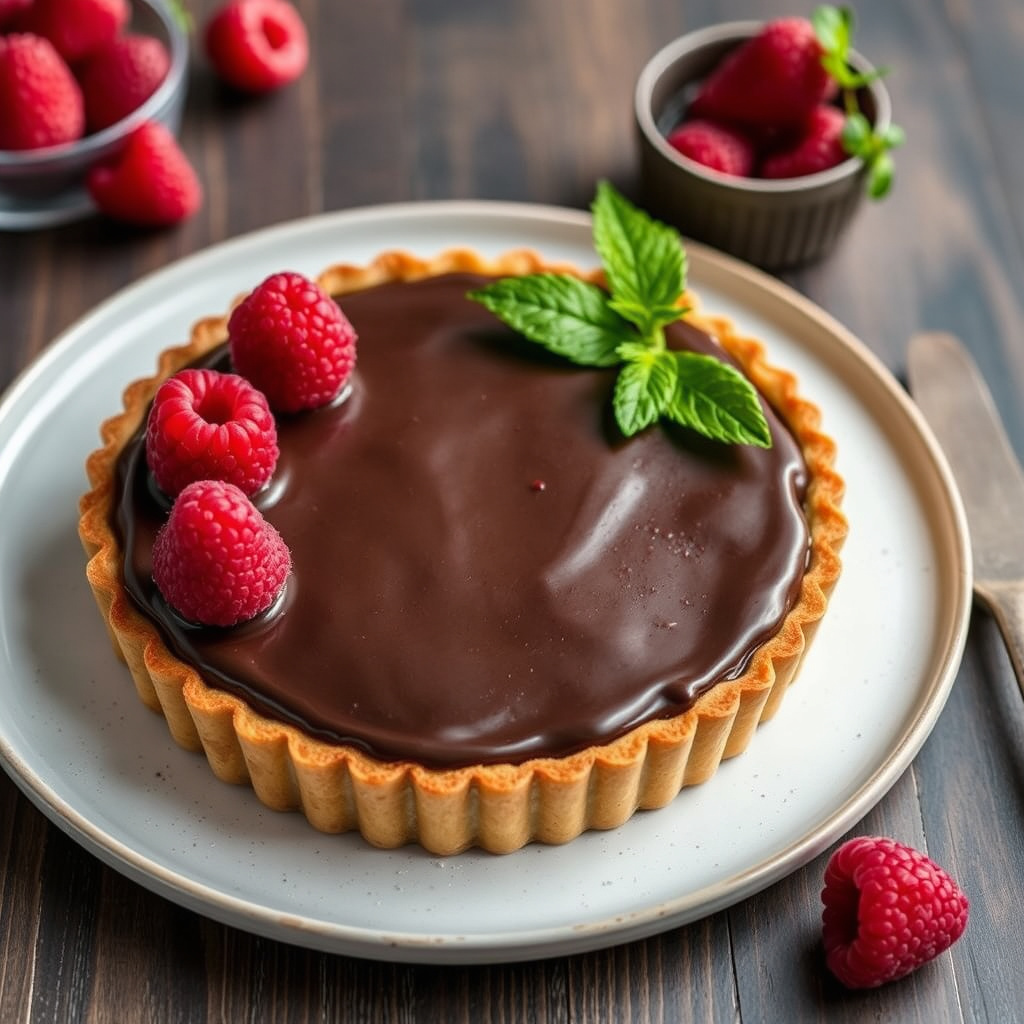 Sjokoladeganache og bringebærtærte