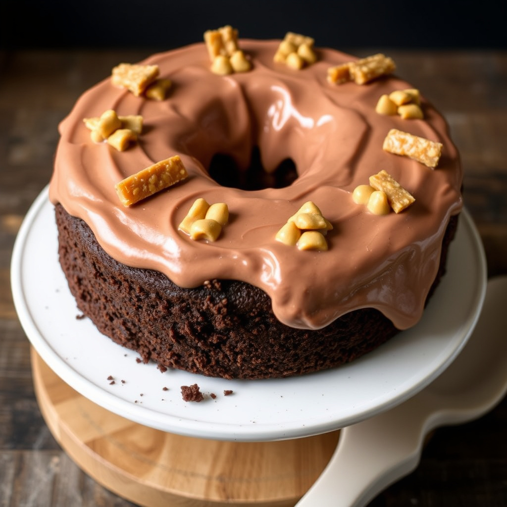 Sjokoladekake med melkesjokolade- og peanøttsmørfrosting, samt peanøttsmørbrittle