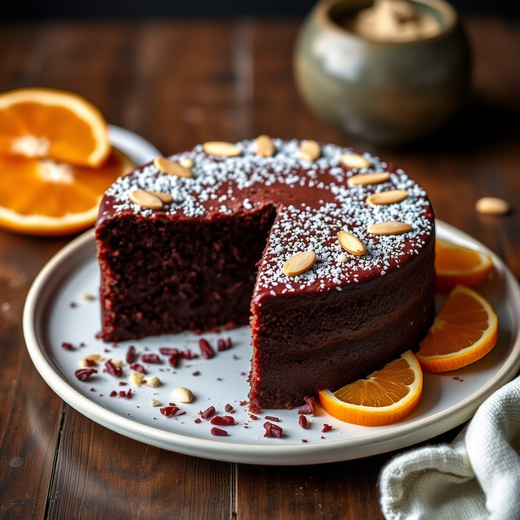Sjokoladekake uten mel med appelsin og mandler