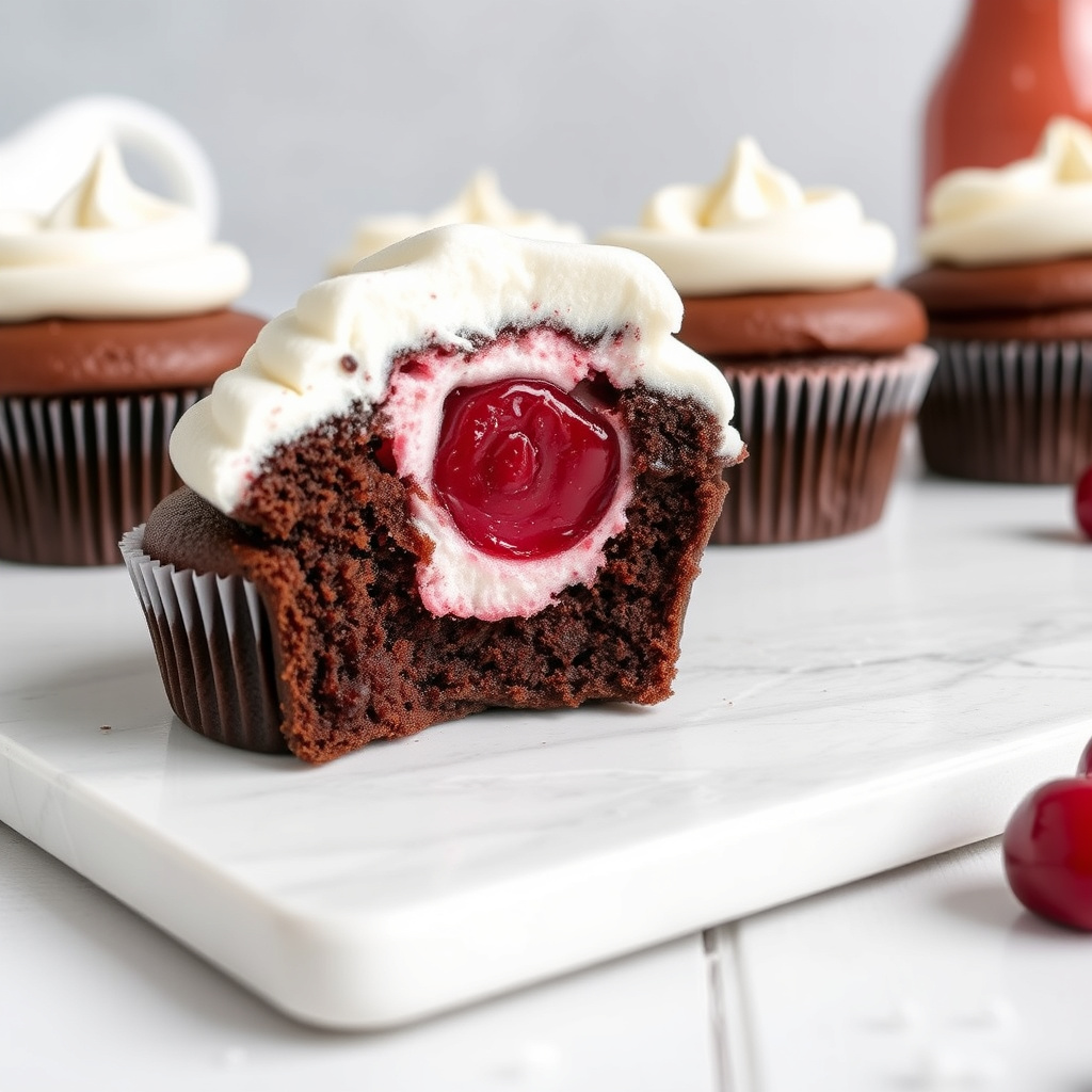 Sjokoladekirsebærcola-kaker med rød lakrisfylling og marshmallow-frosting