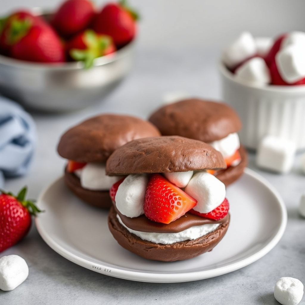 Sjokolade Whoopie Pies med jordbær og brent marshmallows