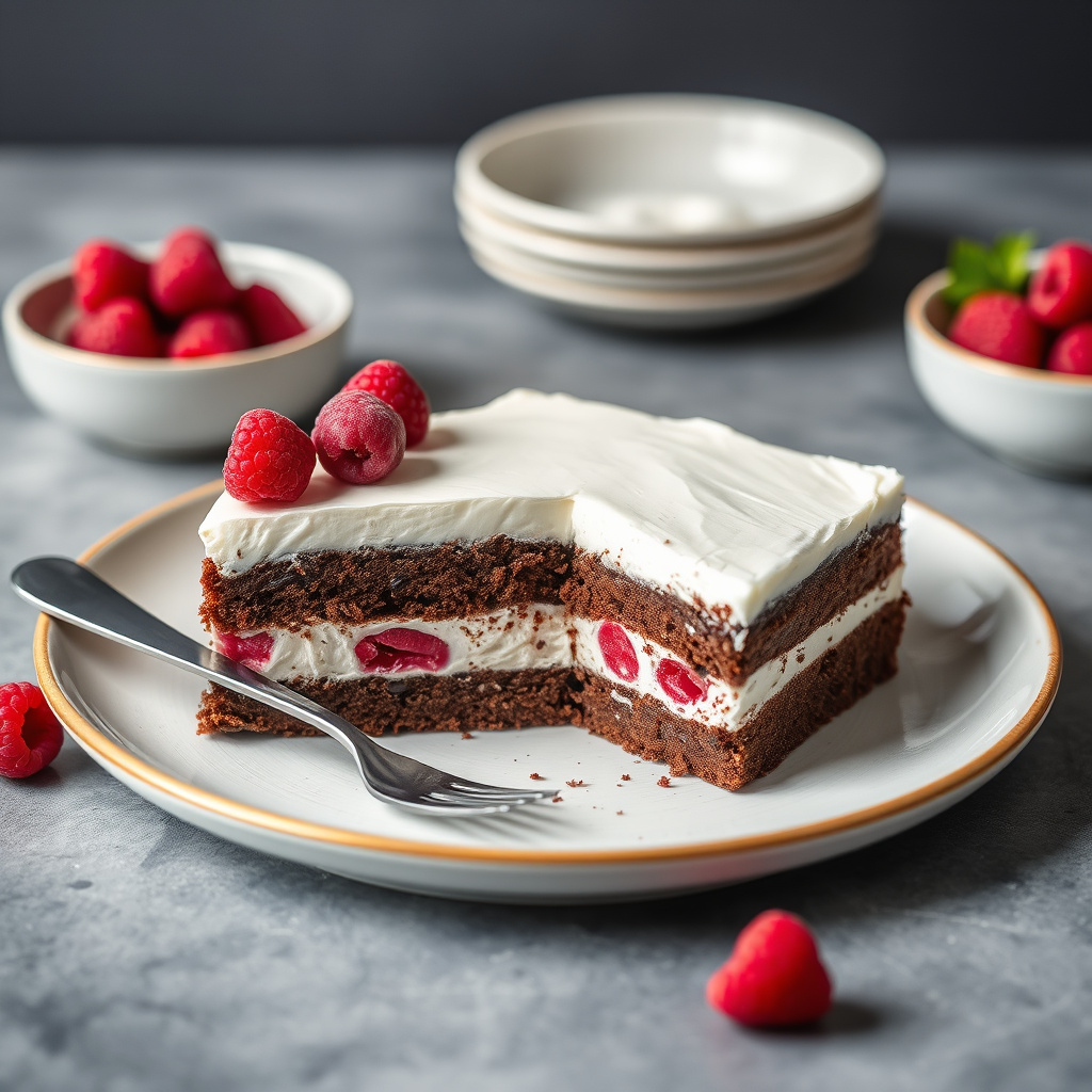 Sjokolademoskake med bringebær og iskremkake