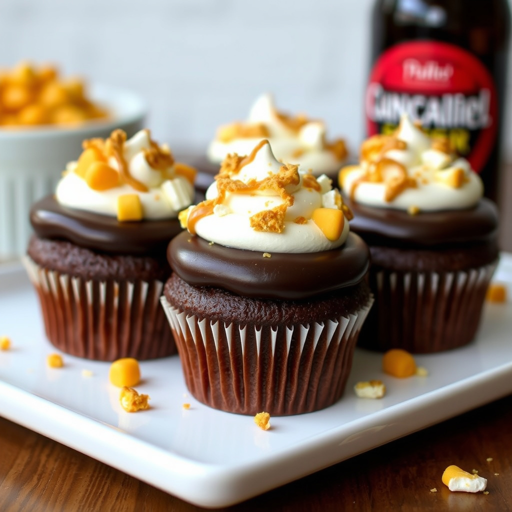 Sjokoladeporter-kaker, Porter-ganache, karamellpopcorn, ristet marengs