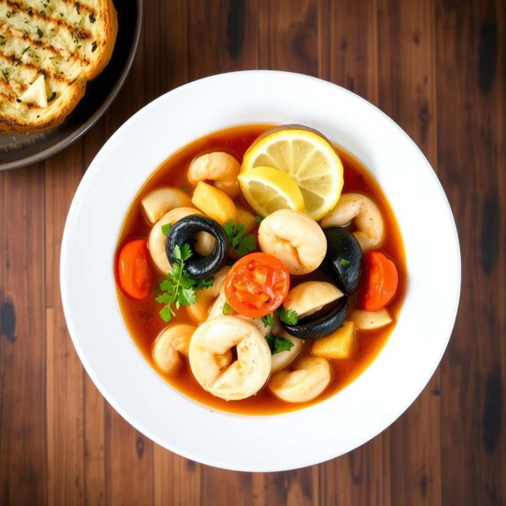 Sjømatgryte med grillet hvitløksbrød