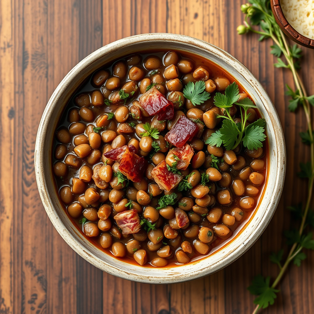 Linser med sprøstekt bacon og urter