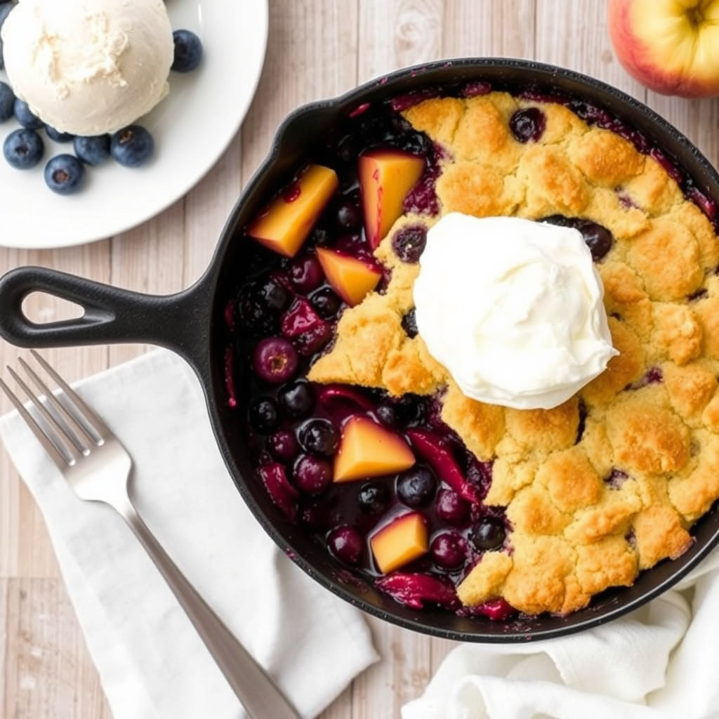 Skillet med blåbær- og ferskencobbler
