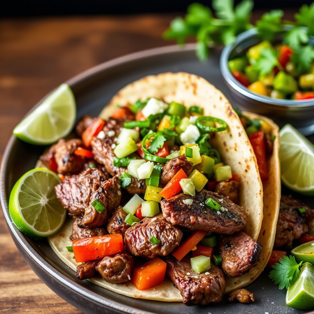 Skirtsteik fajitas med lime, chili og ovnsbakt tomatillo-salsa