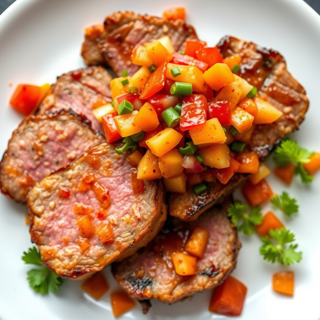 Skivede biffer med søt og krydret salat på toppen