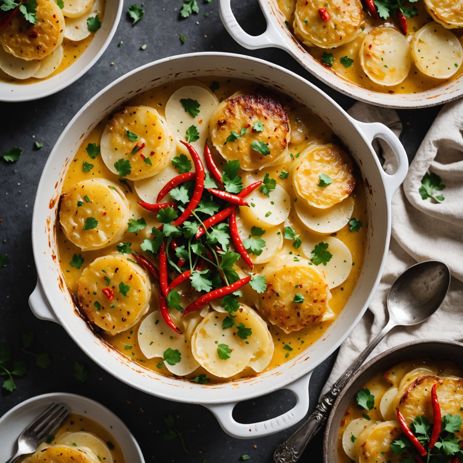 Skivede poteter med kokosmelk og chili