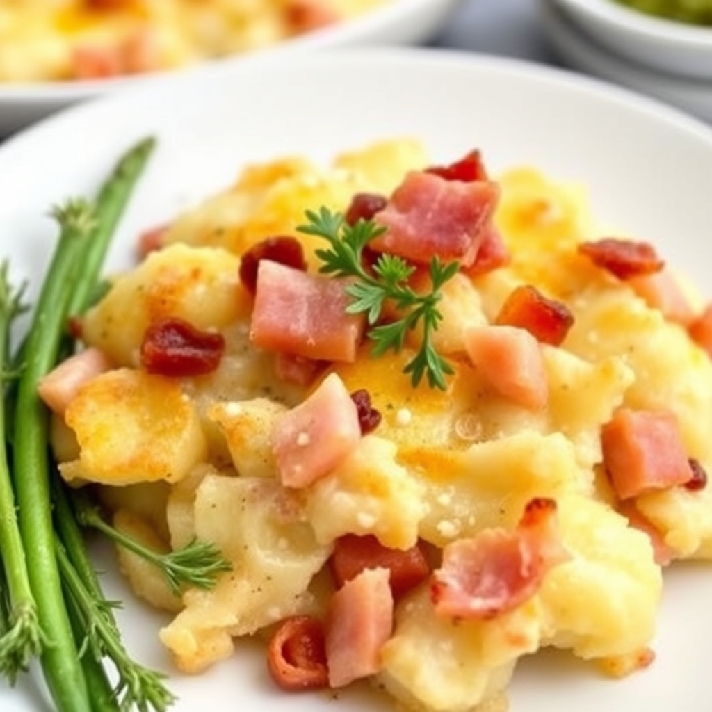 Skivede poteter med skinke og bacon