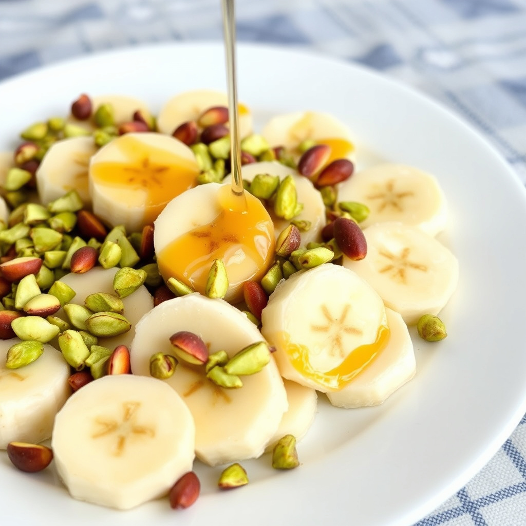 Skivet banan med honning og pistasjnøtter