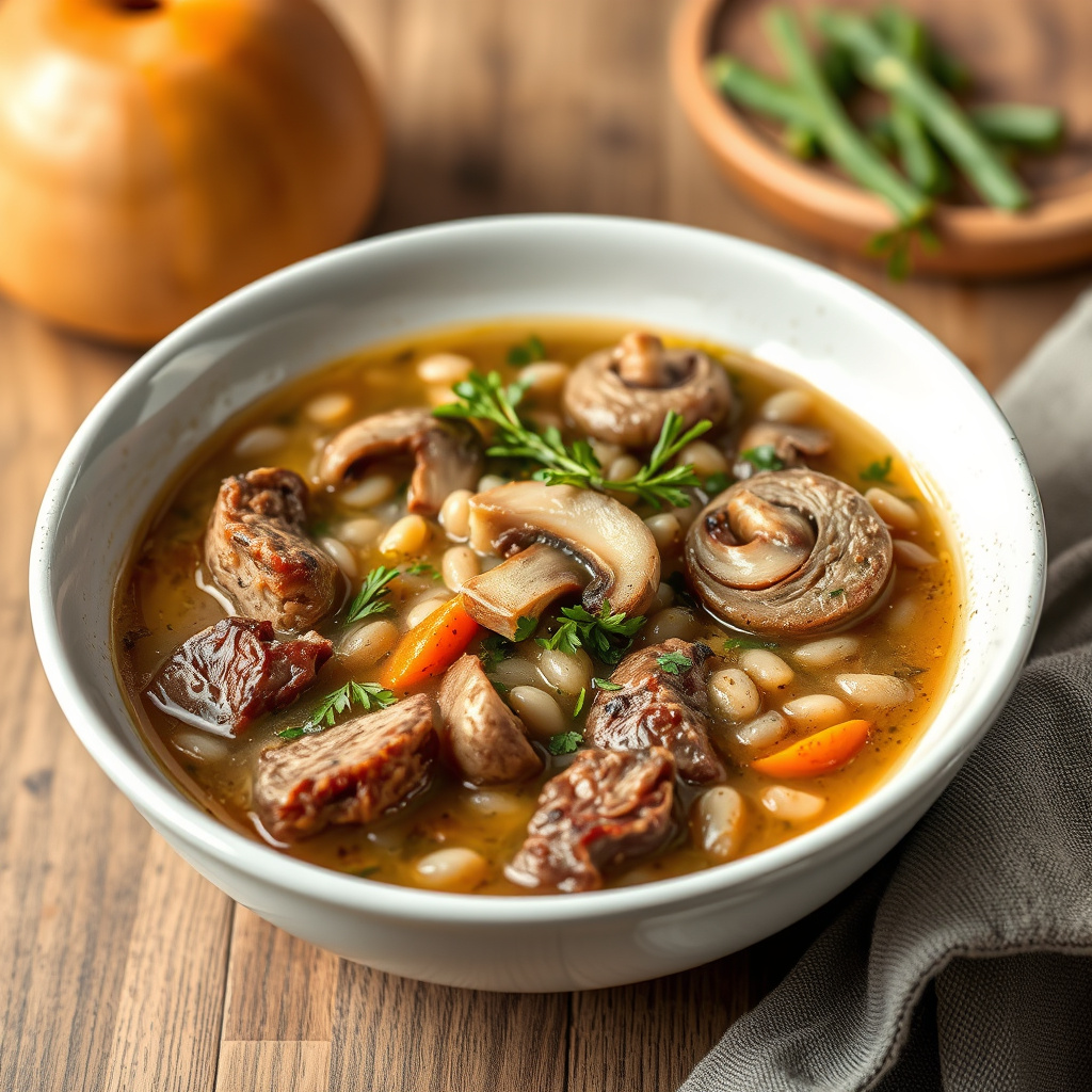 Skivet biff- og soppsuppe med bygg