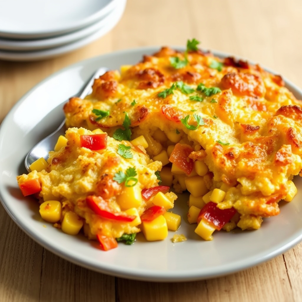 Skivet squash, rød paprika og maisgrateng med cheddar-kruste