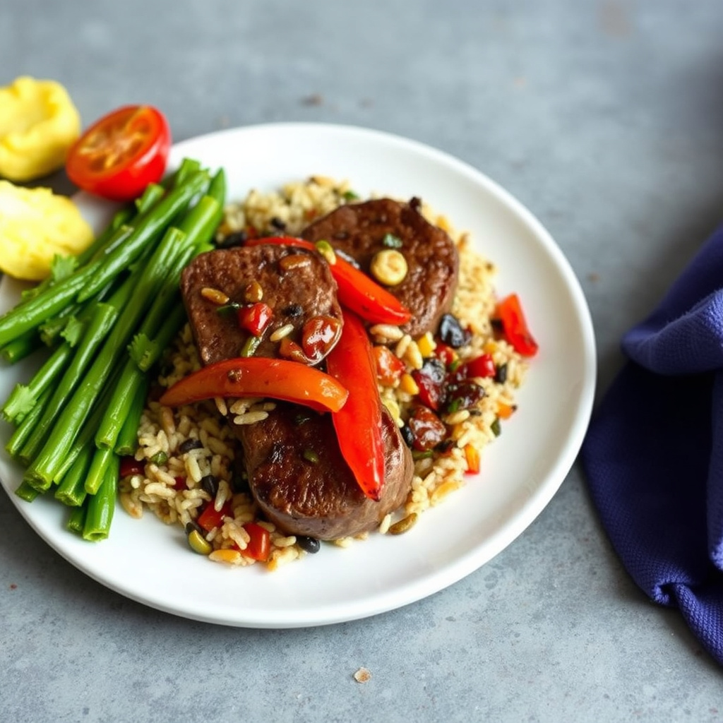 Små biffer med villris og fylte paprikaer