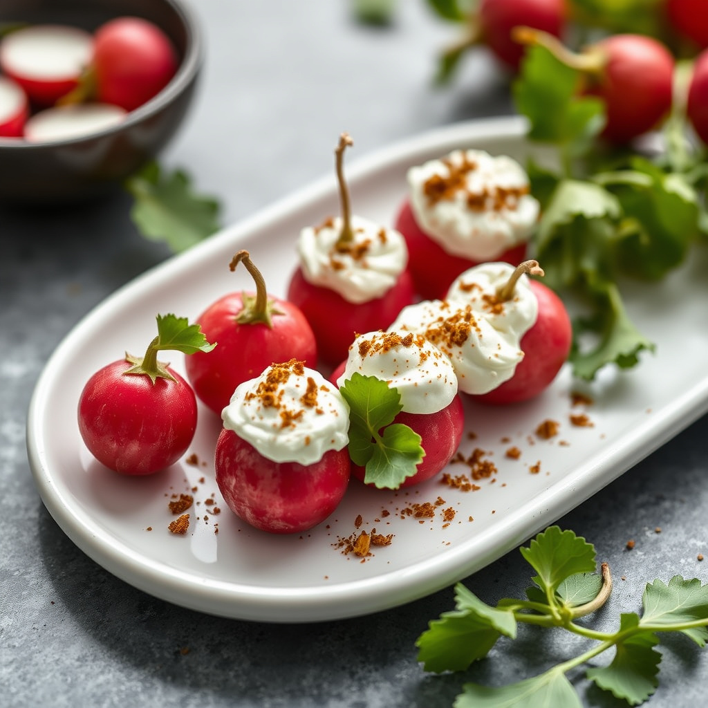 Små reddiker med pisket geitost og ristet spisskummen