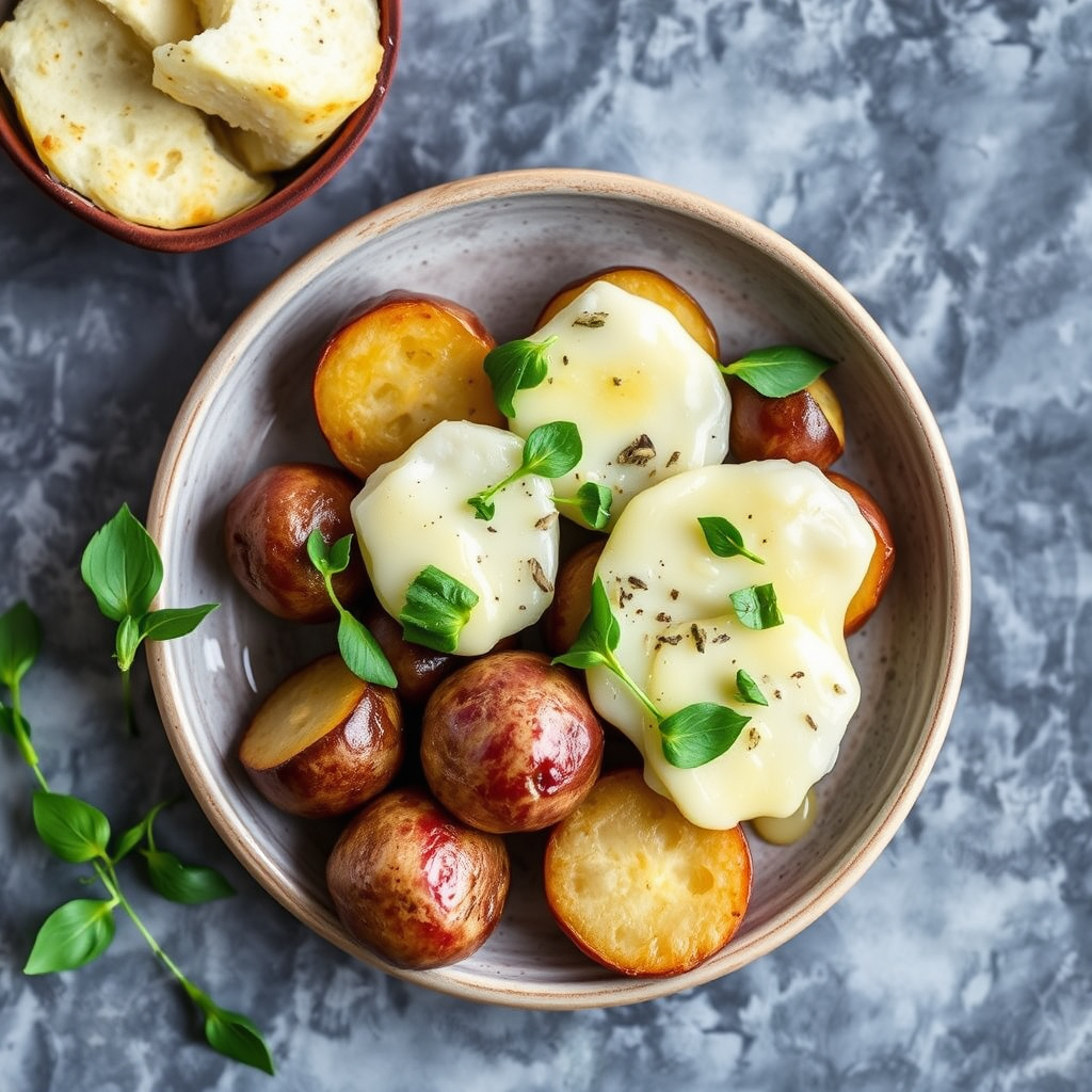 Smeltet racletteost med marmorfriiser og purslane