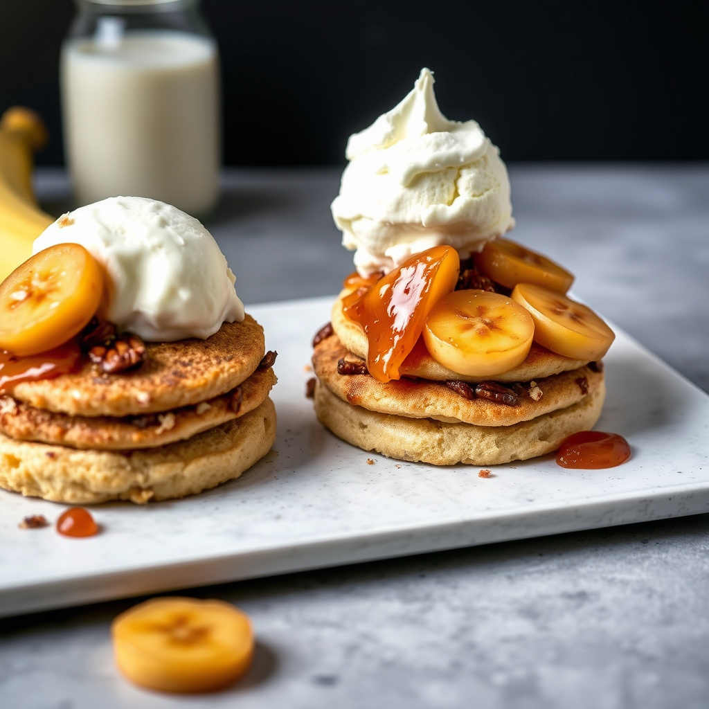 Smør-pekannøttkortkaker med iskrem og karamellisert ananas og bananer