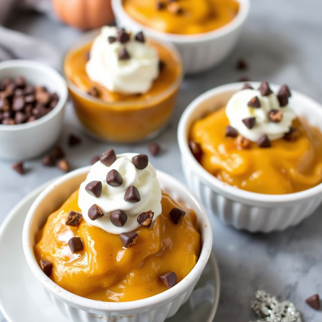 Smørkaramellpudding med gresskarpisket krem og sjokoladetoffee-chips