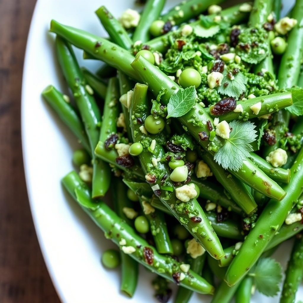 Sukkererter og grønne bønner med ruccola- og myntesaus