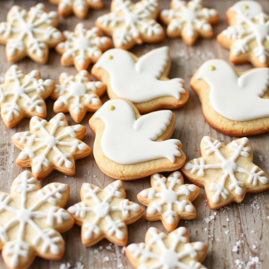 Snøfnugg og fredsdue-kakestykker