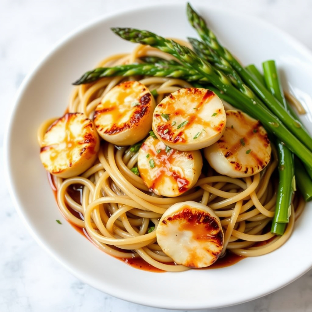 Soba med grillet asparges og sjøkreps i søt misosaus