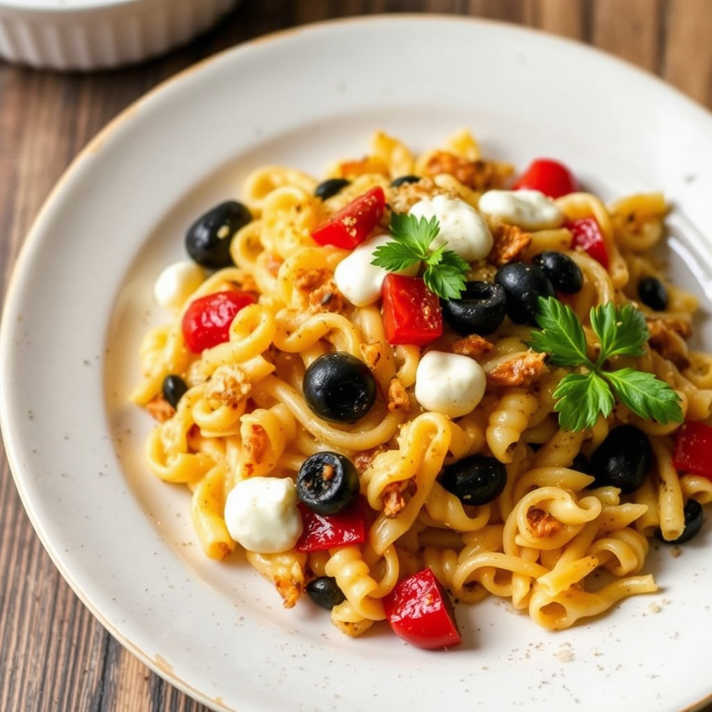 Soltørket tomat, svart oliven og mozzarella orzo-gratin