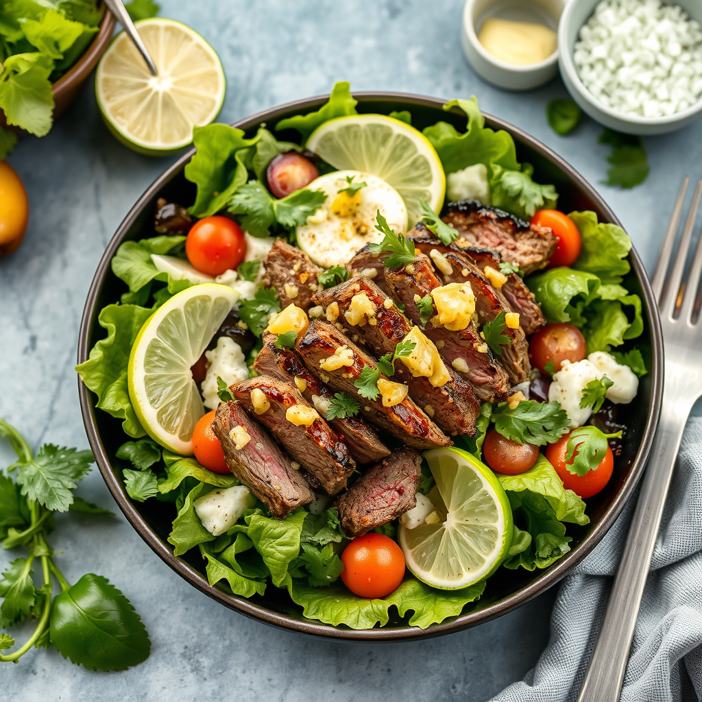 Sommerbiffsalat med ingefær- og limesaus