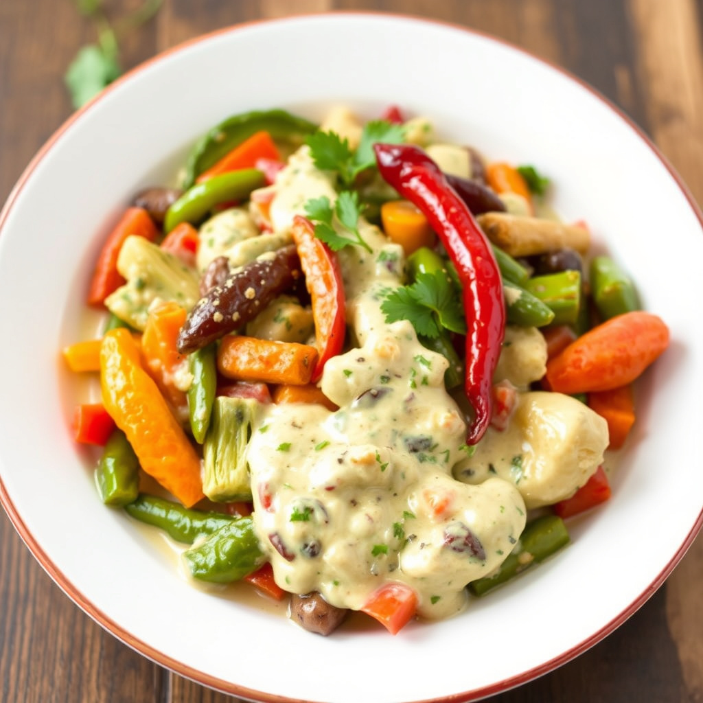 Sommergrønnsaker i en kremet chilikremostsaus