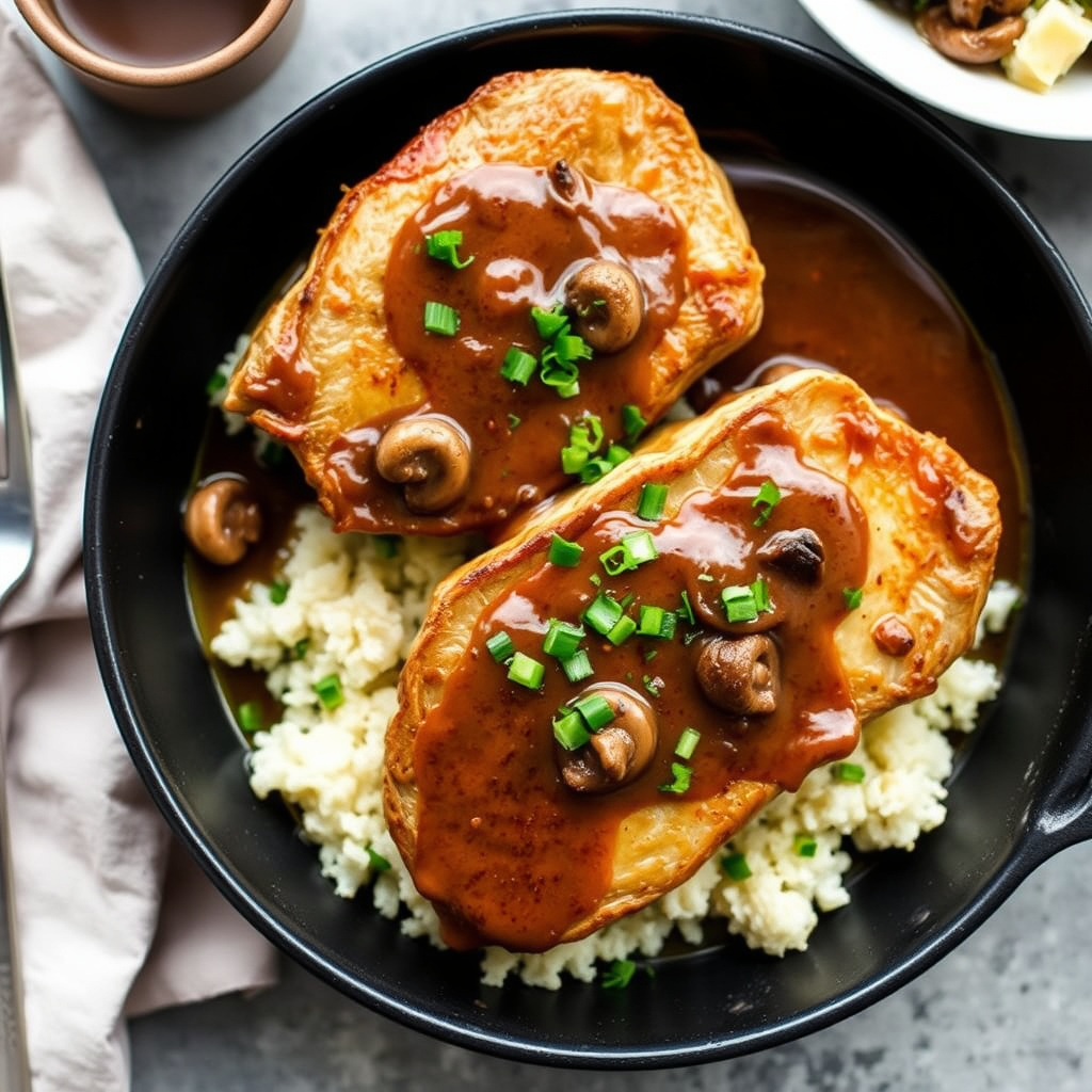 Soppesaus og ovnsbakte svinekoteletter