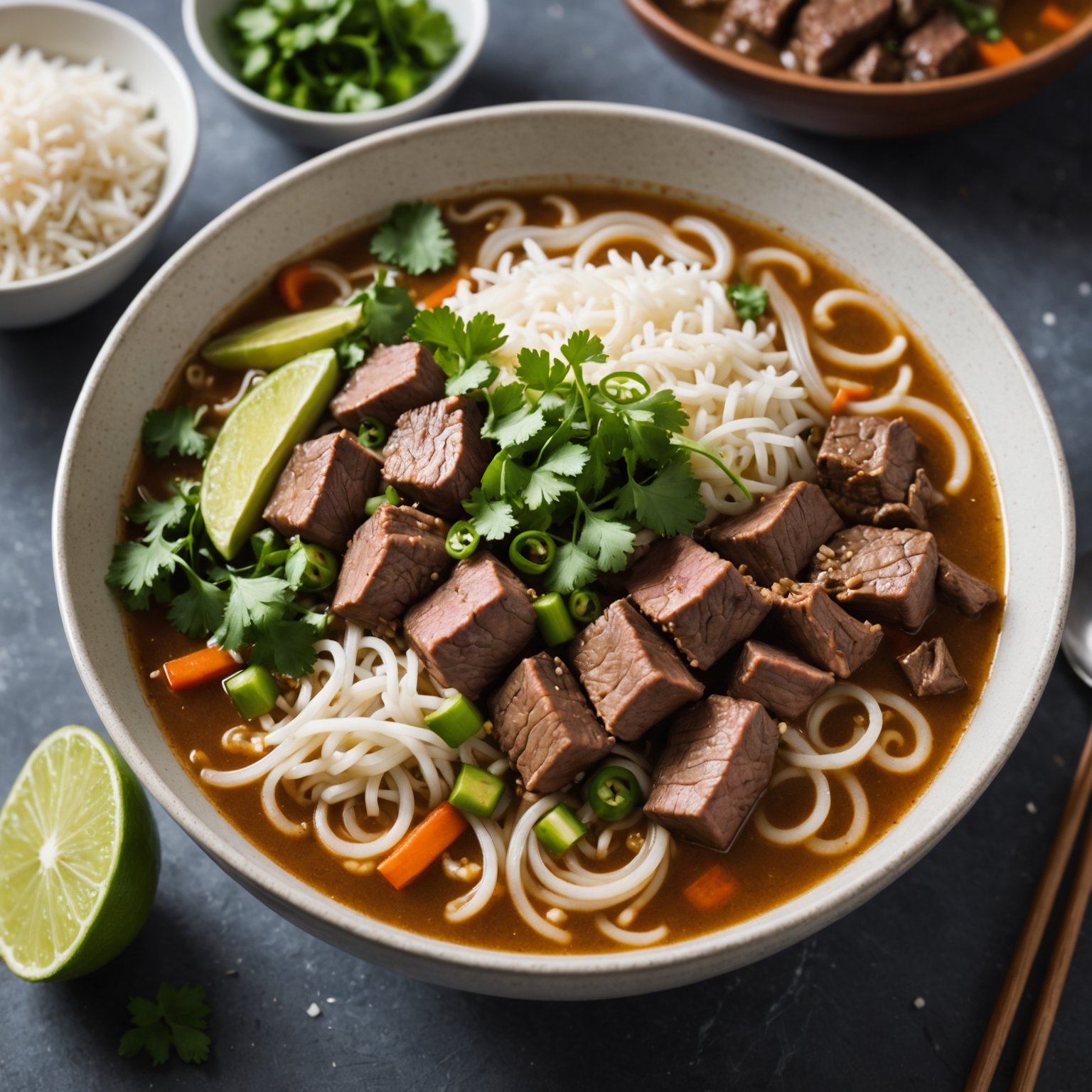 Sørøstasiatisk biff- og risnudelsuppe