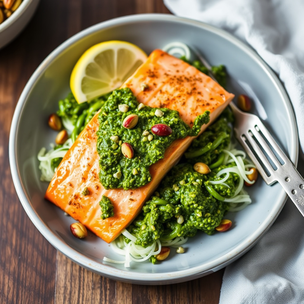 Sorrel- og pistasjpesto med stekt laks