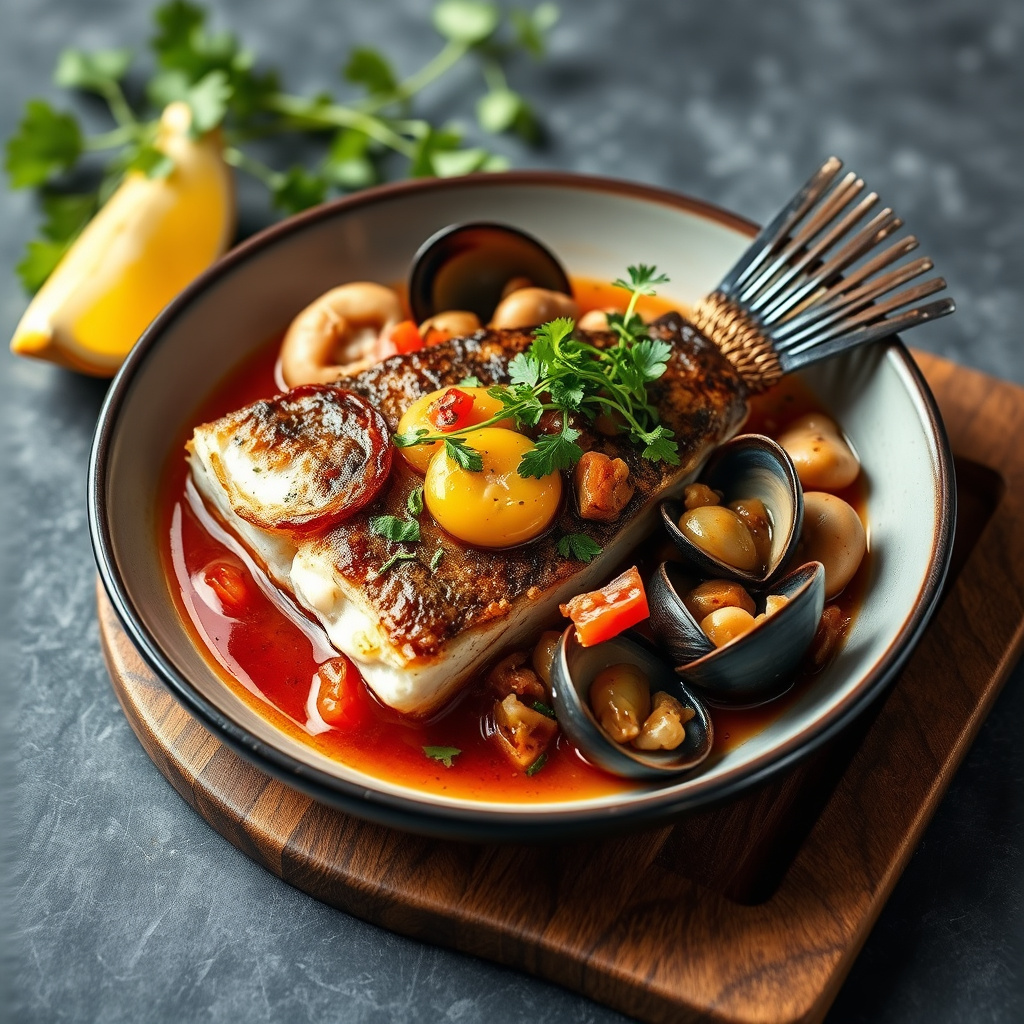 Svarthavabass med Hon-Shimeji-sopp og rødskjell