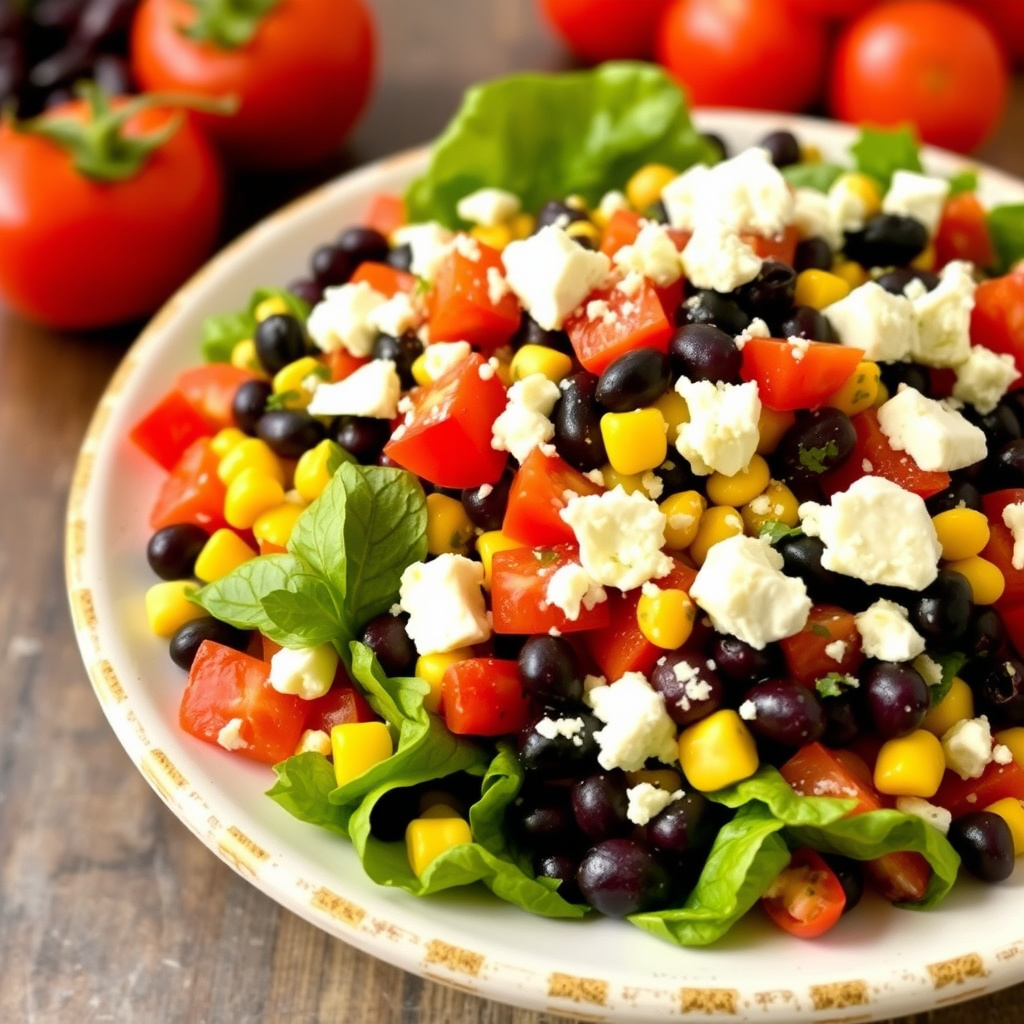 Sorte bønner-, mais- og tomatsalat med fetaost