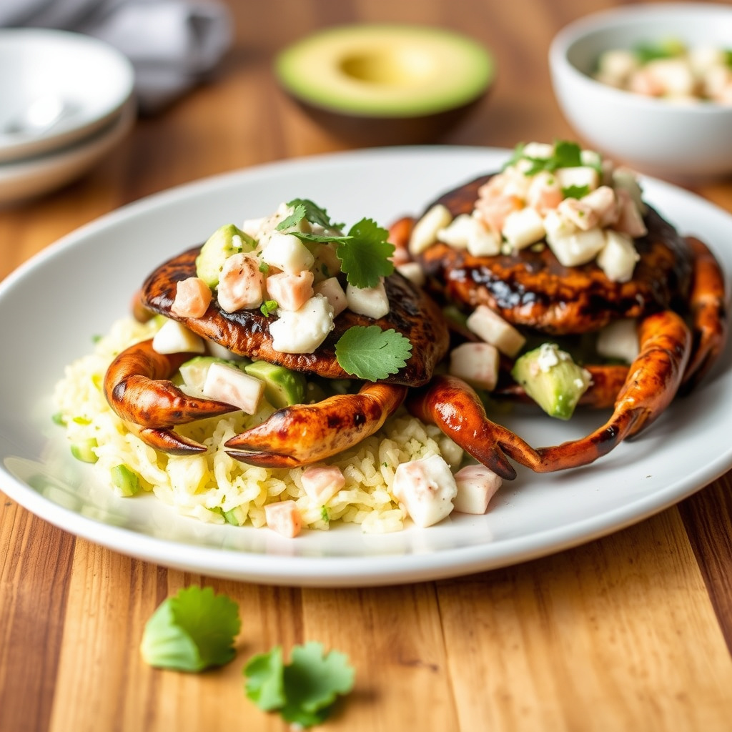 Blåkrabbe og lotus med svarte bønner og avokadoparfait