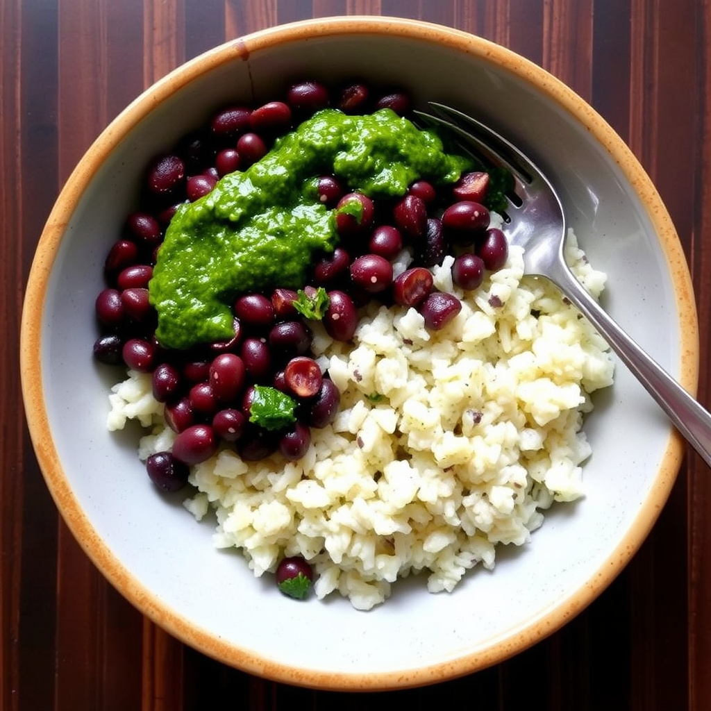 Sorte bønner og ris med koriandert pesto