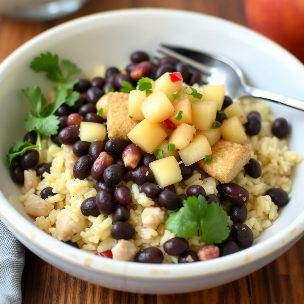 Svartbønner og ris med kylling og eplesalsa